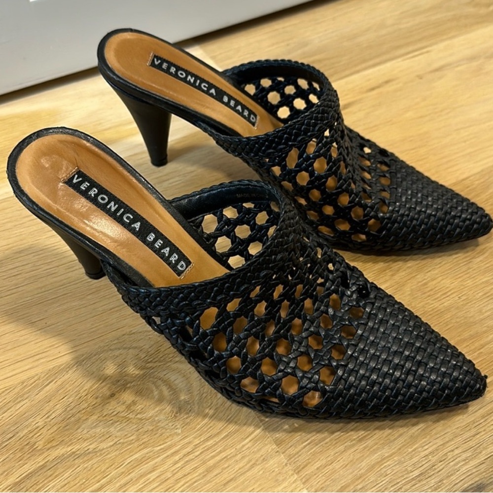 Veronica Beard Black Woven Heeled Mules